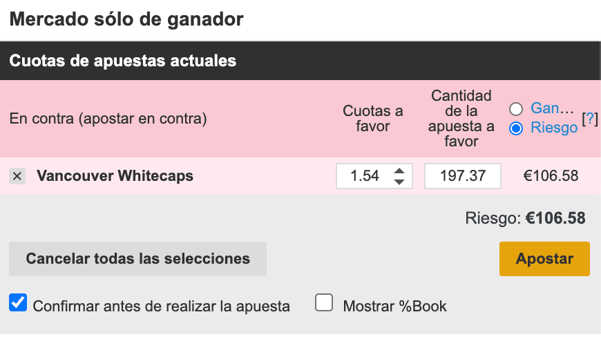 Cupón de Betfair Exchange con cuota 1,54, importe 197,37 euros y riesgo 106,58 euros.