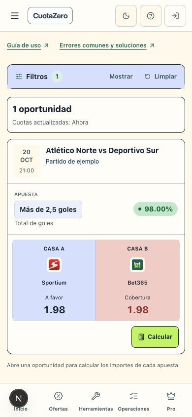 Tarjeta móvil del Dutcher de 2 bandas: Casa A Sportium y Casa B Bet365, ambas a cuota 1,98, con rating del 98 % y botón Calcular.