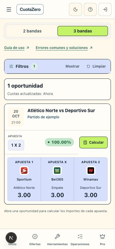 Tarjeta móvil del Dutcher de 3 bandas: Sportium para el 1, Bet365 para la X y Winamax para el 2, todas a cuota 3,00, con rating del 100 %.
