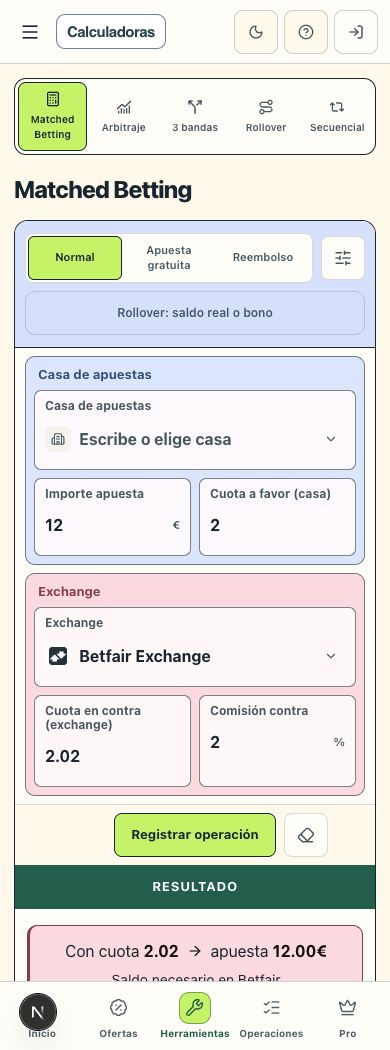 Campos de la calculadora: Importe apuesta y Cuota a favor en el bloque azul; Cuota en contra en el bloque rosa.
