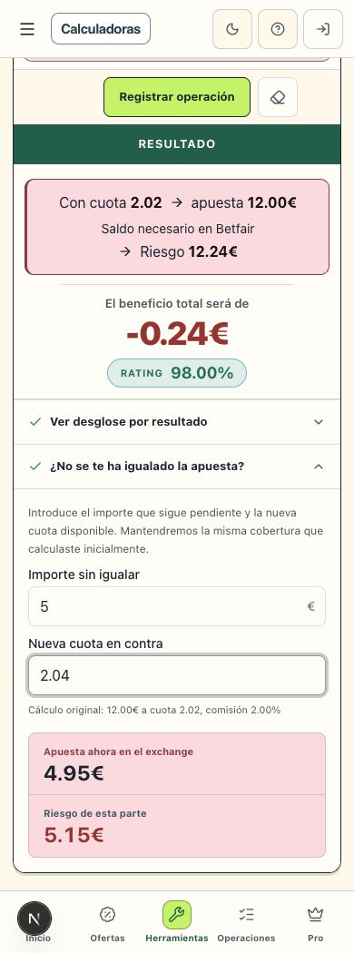 Calculadora de CuotaZero con Importe sin igualar de 5 euros, Nueva cuota en contra de 2,04 y resultado de 4,95 euros.