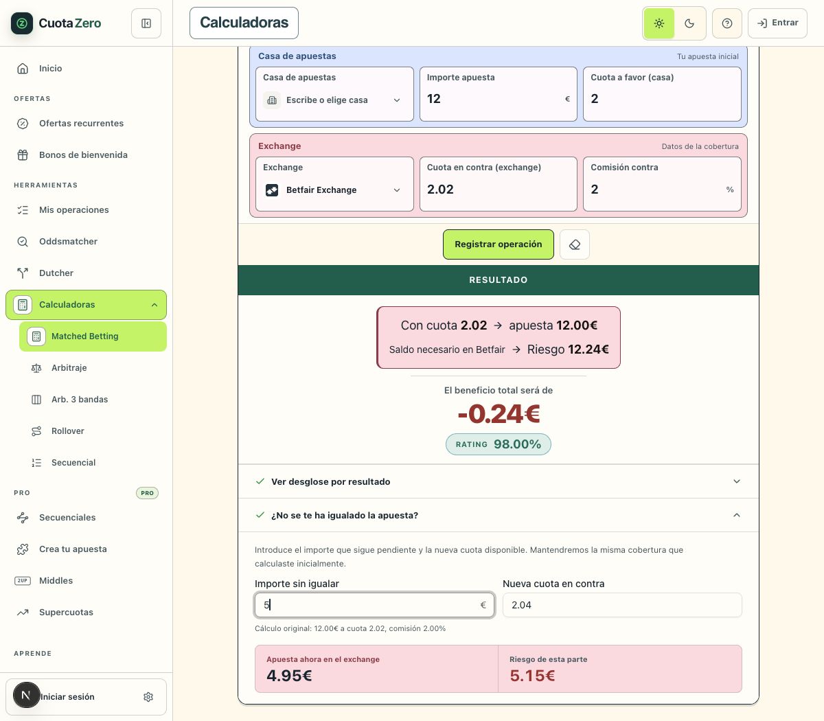 Calculadora de CuotaZero con Importe sin igualar de 5 euros, Nueva cuota en contra de 2,04 y resultado de 4,95 euros.