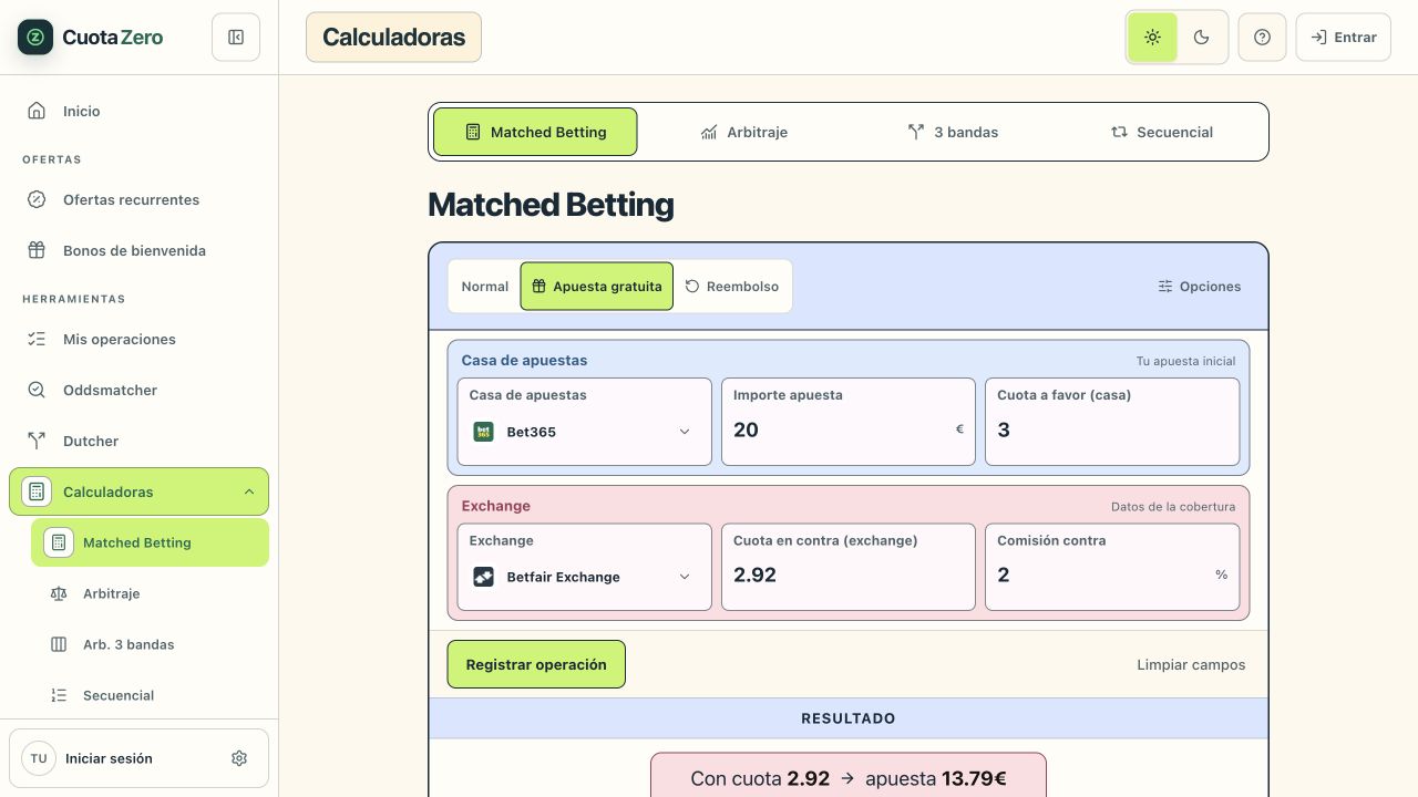 Calculadora actual en Apuesta gratuita: importe 20 euros, cuota a favor 3, cuota en contra 2,92 y comisión del 2 por ciento
