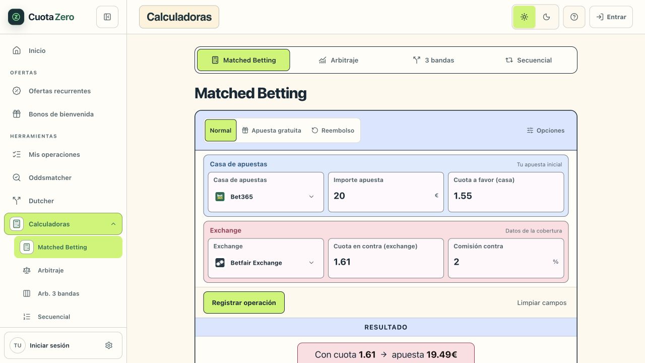 Calculadora actual en Normal: Bet365, importe 20 euros, cuota 1,55, Betfair Exchange a 1,61 y comisión del 2 por ciento