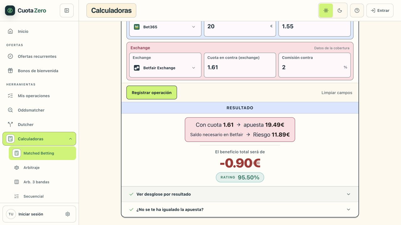 Resultado de la primera apuesta: apuesta en contra de 19,49 euros, Riesgo de 11,89 euros y resultado mínimo de menos 0,90 euros